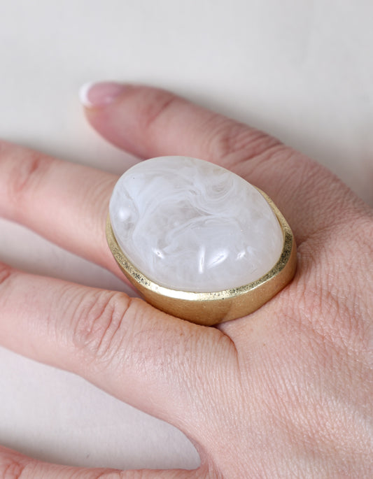 Bold Statement Ring with Swirled Stone in White & Gold