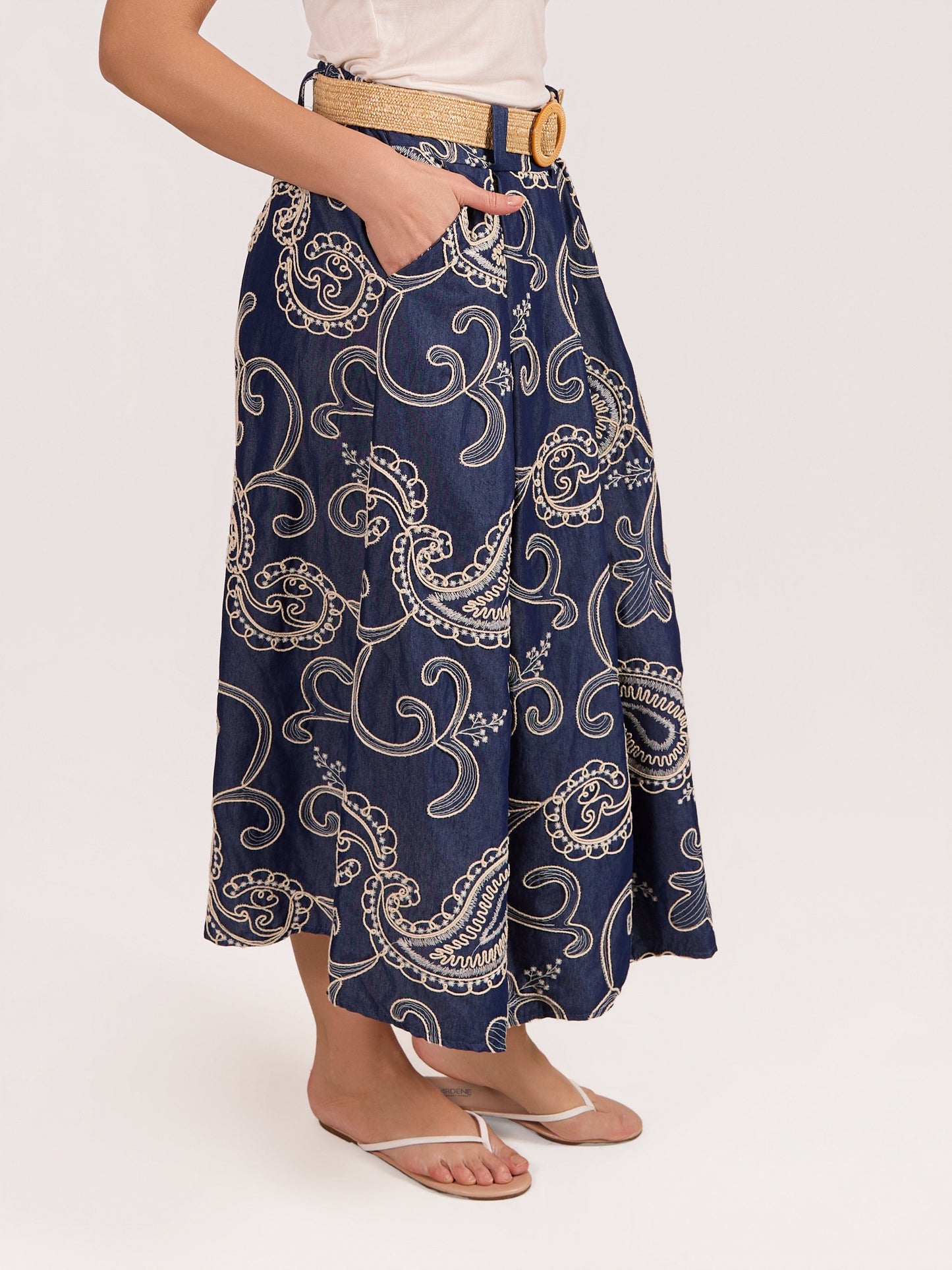 Denim Blue Flare Belted Embroidered Skirt