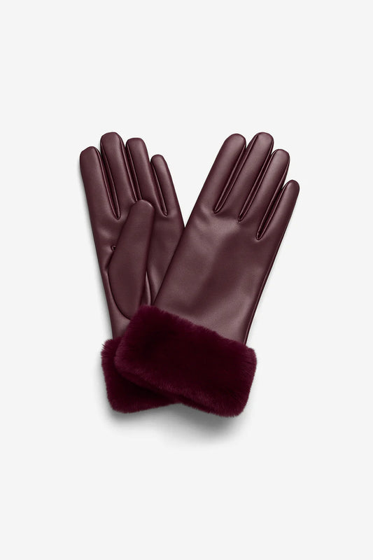 Wine Red Faux Leather Gloves with Faux Fur Trim