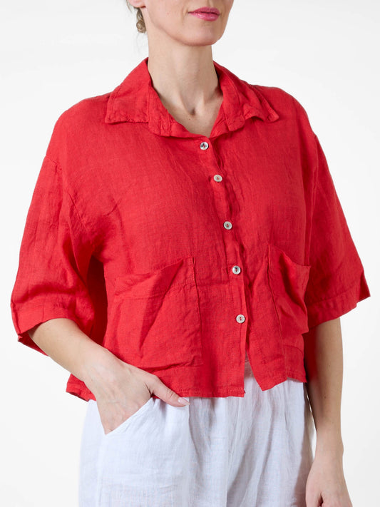 Red Short Sleeve Button-Up Blouse