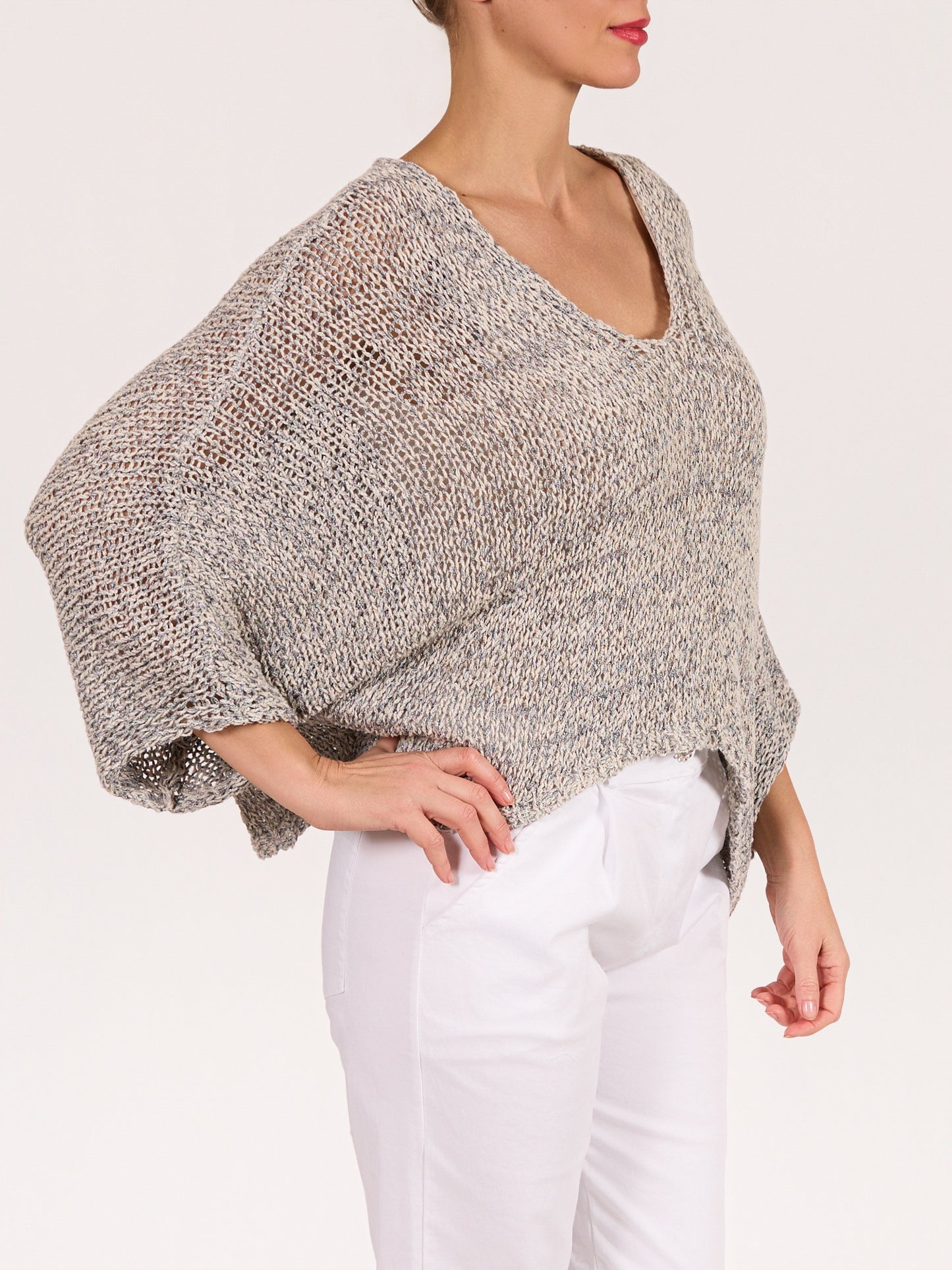 Blue V Neck Drop Shoulder Hem Varigated Sweater