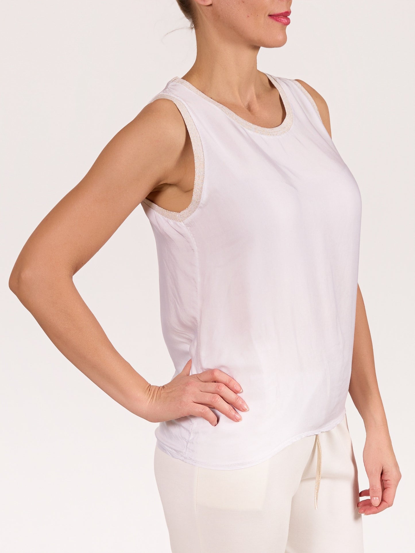 White Lurex Detail Satin Tank Top
