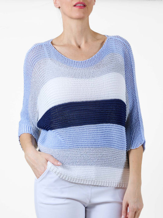 Sky Blue Loose Knit Pullover Long Sleeve with Stripes