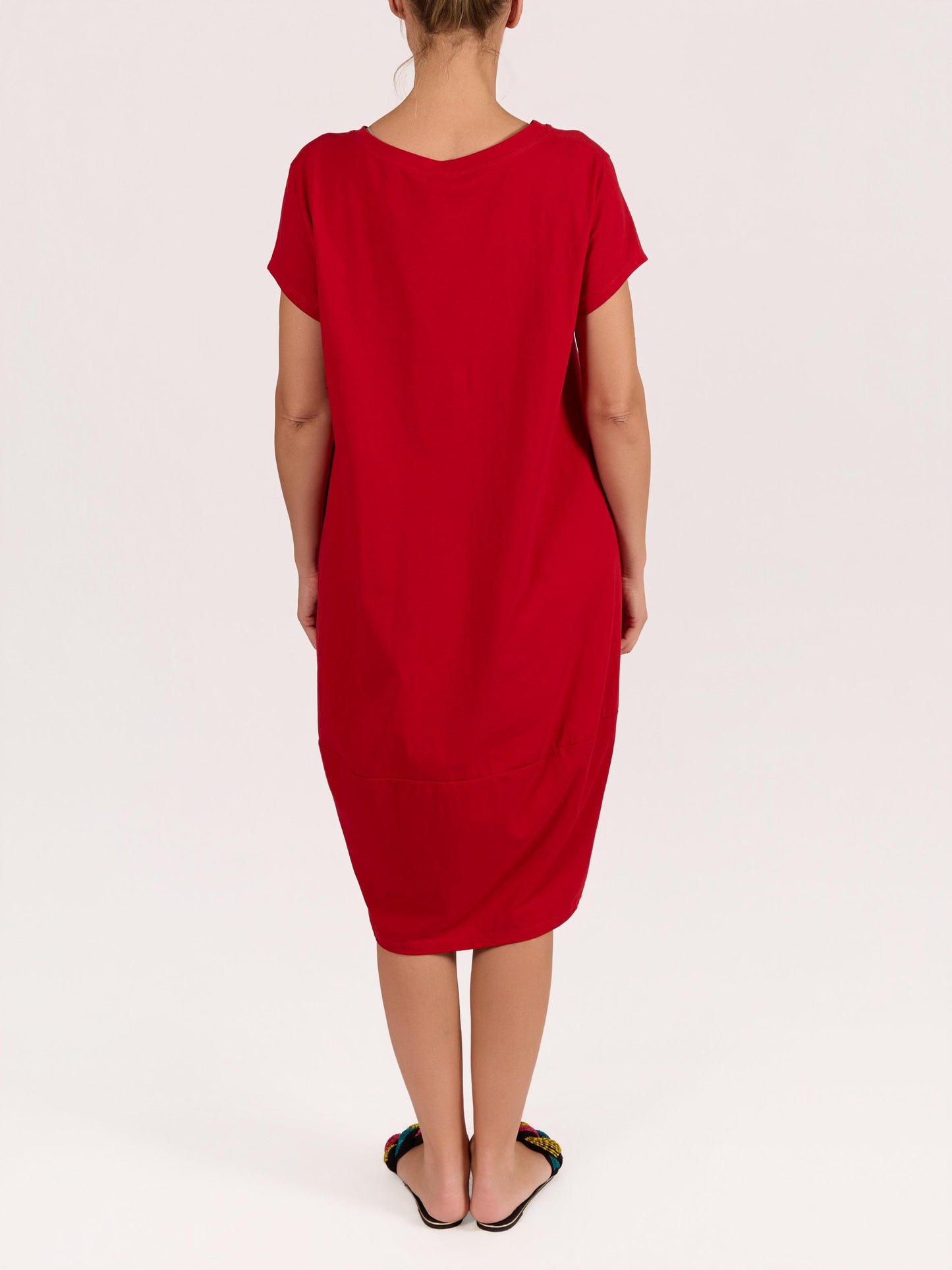 Red Short Sleeve Crew Neck Band Trim Dress
