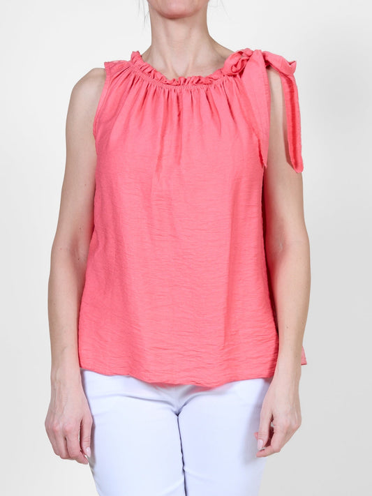 Coral Sleeveless Top with Ruffled Neckline and Side Tie
