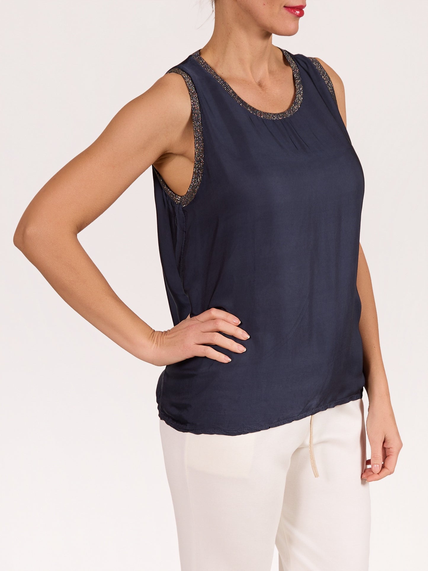 Midnight Lurex Detail Satin Tank Top