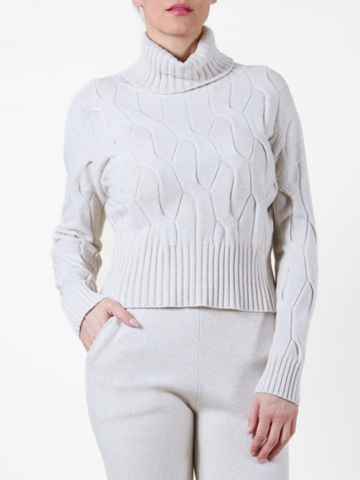 Beige Cowl Neck Long Sleeve Cable Knit Rib Trim Pullover
