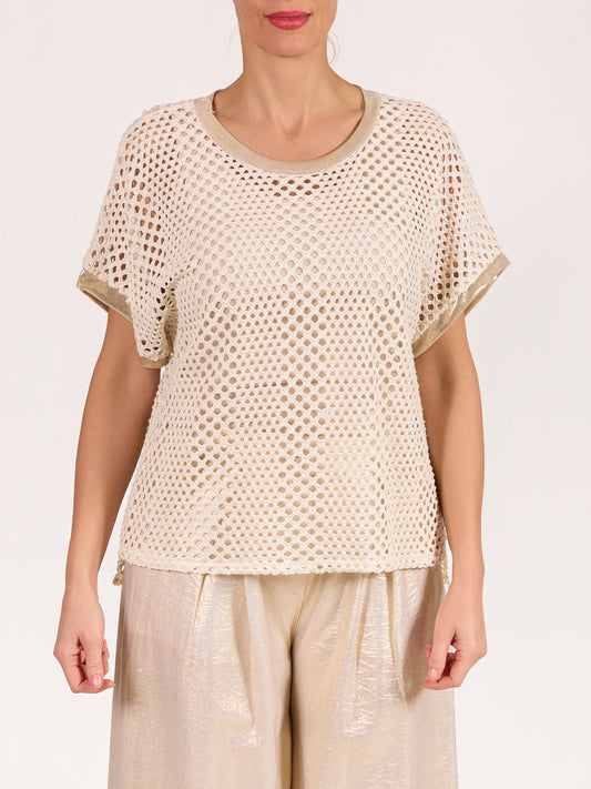Champagne Short Sleeve Foil Trim HI LOW Crochet Top