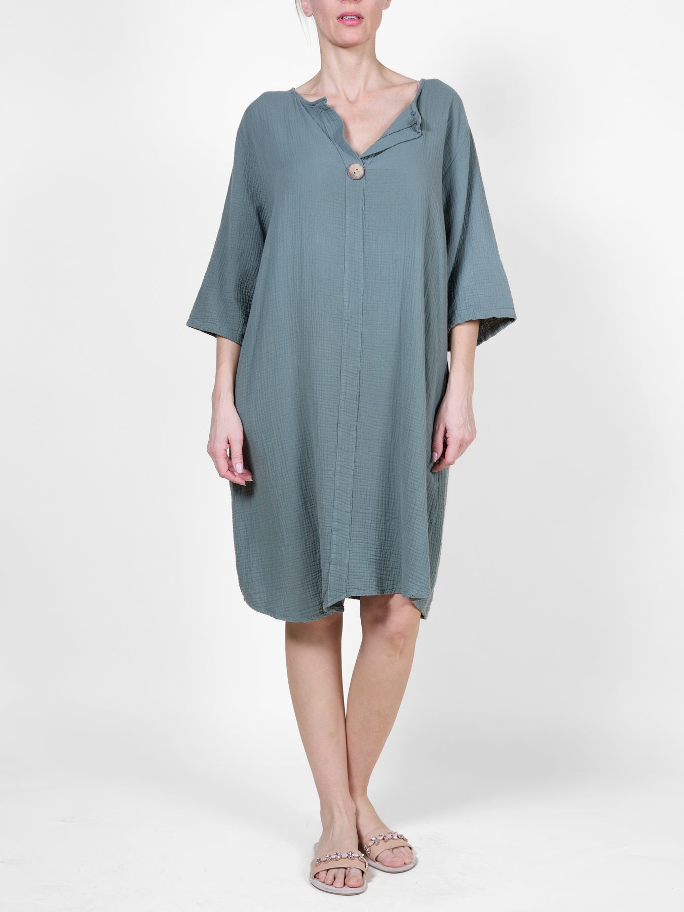 Palm Cotton Dress with 3/4 Sleeves and Wooden Button Detail