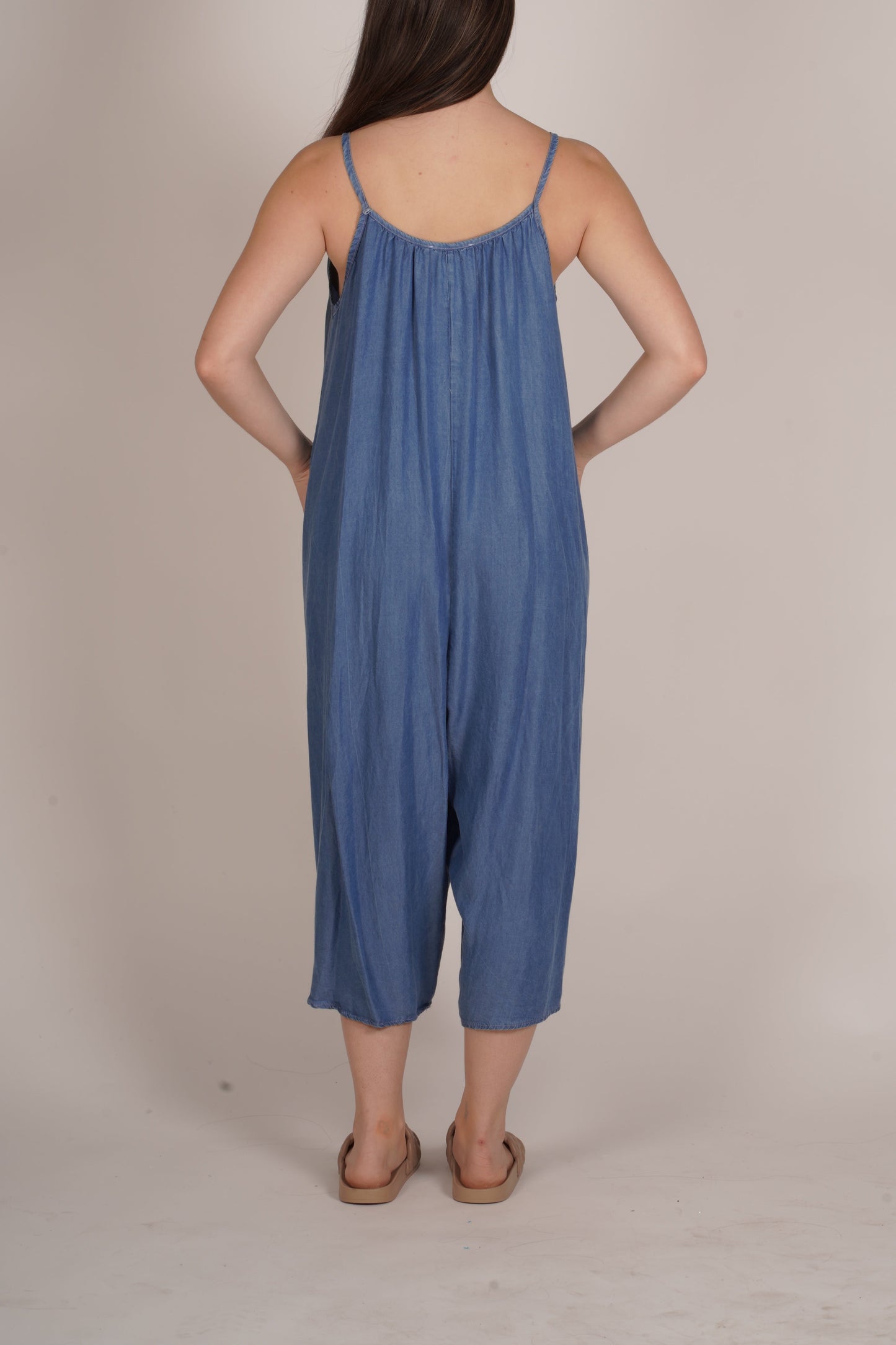 Dark Denim Sleeveless Wide-Leg Jumpsuit with Pockets