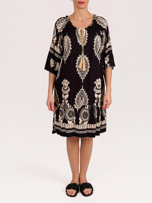 Black Boat Neck Tassel Front Peasant Paisley Dress