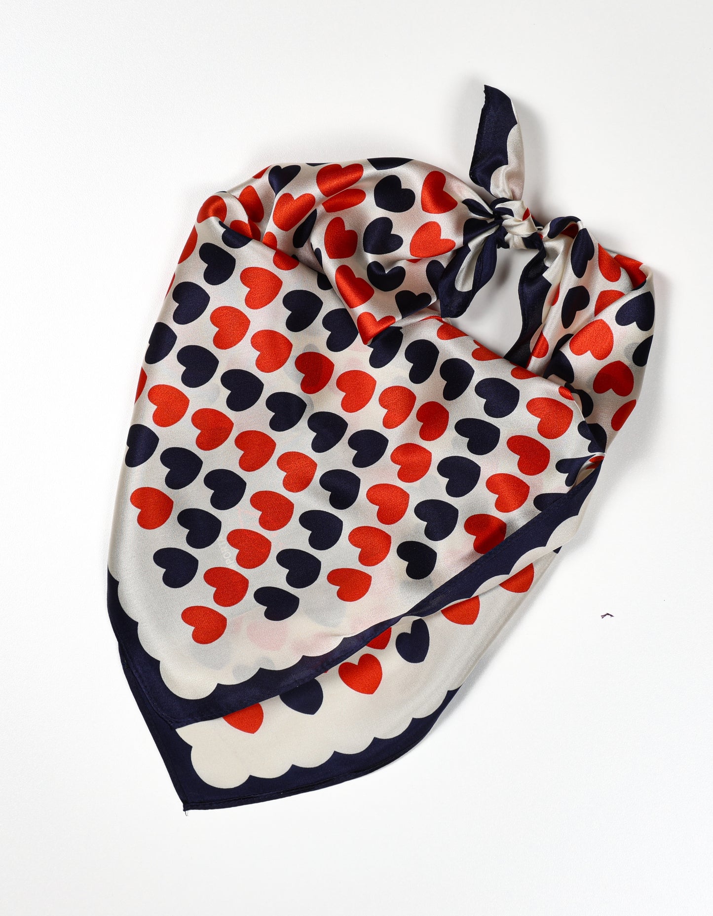 Decorative Heart Print Silk Scarf in Navy