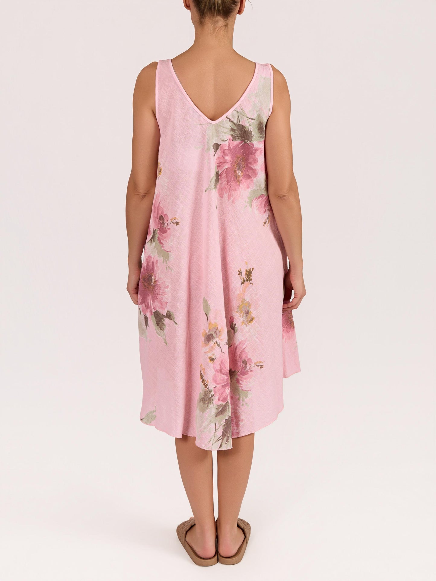 Robe Rose Sans Manches Évasée Ligne A à Imprimé Floral
