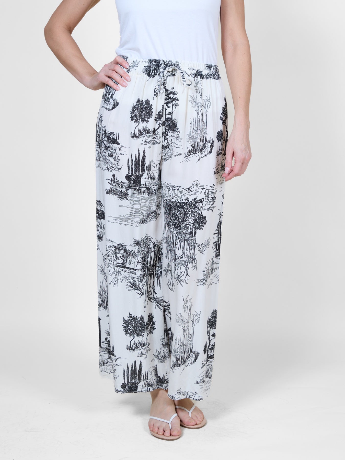 Midnight Tropical Print Wide Leg Pants with Tie Waist