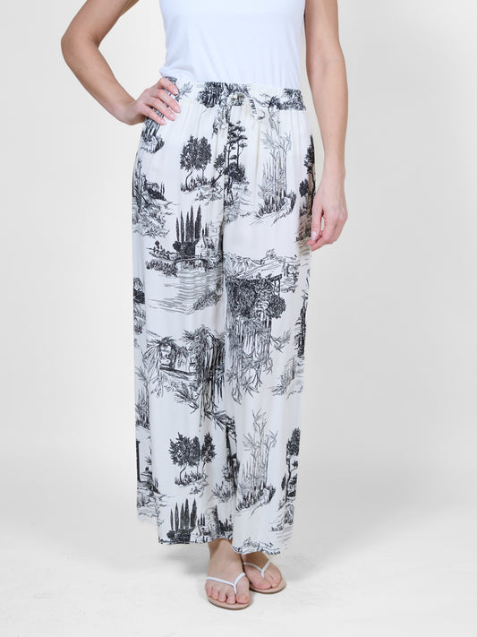 Midnight Tropical Print Wide Leg Pants with Tie Waist