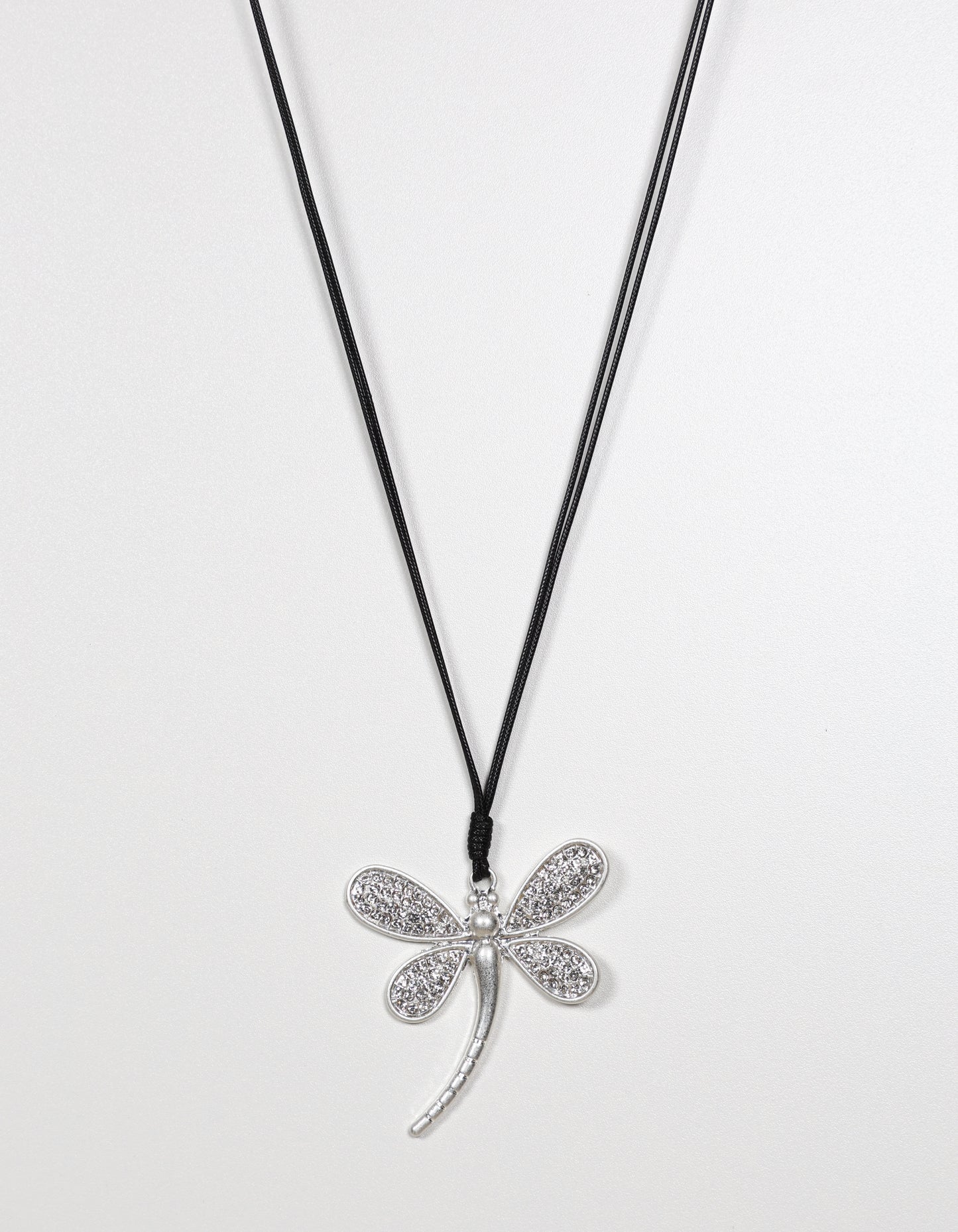 Silver Cord Necklace with Crystal Dragonfly Pendant