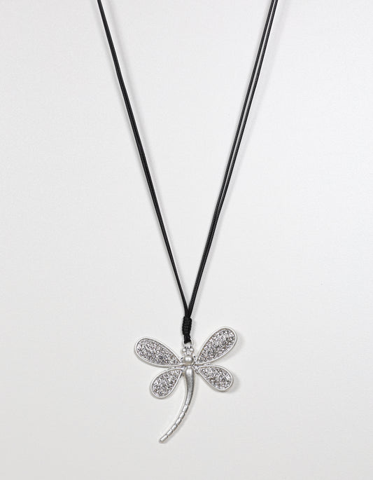 Silver Cord Necklace with Crystal Dragonfly Pendant
