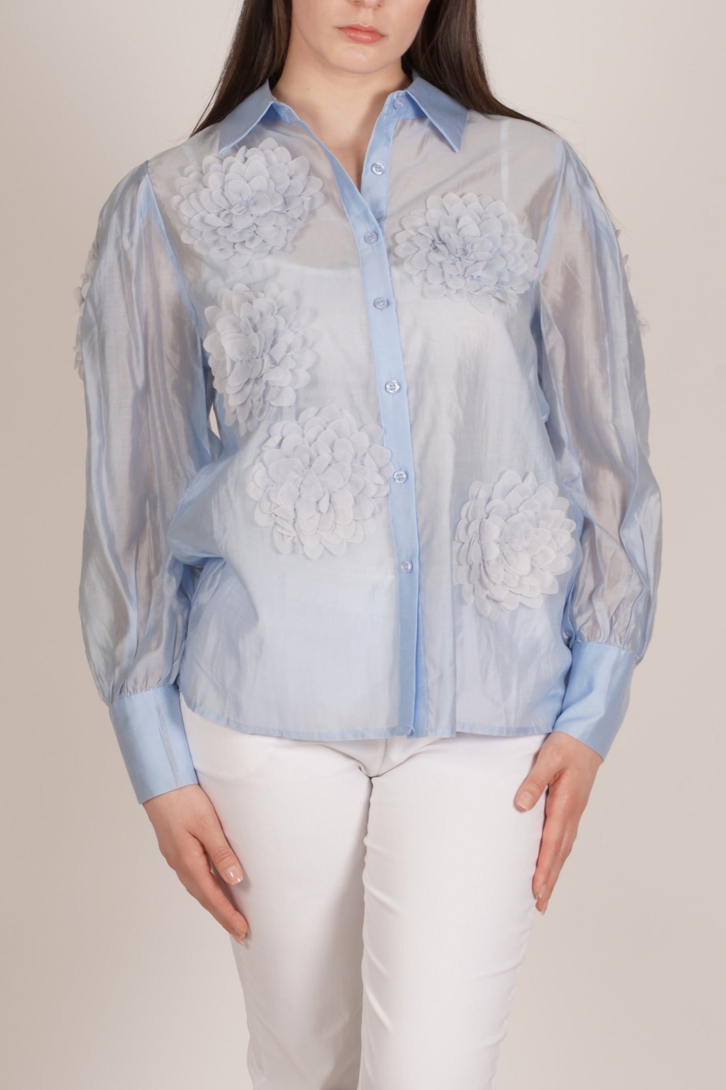 Sky Blue Button-Up Blouse with Fabric Flower Detailing