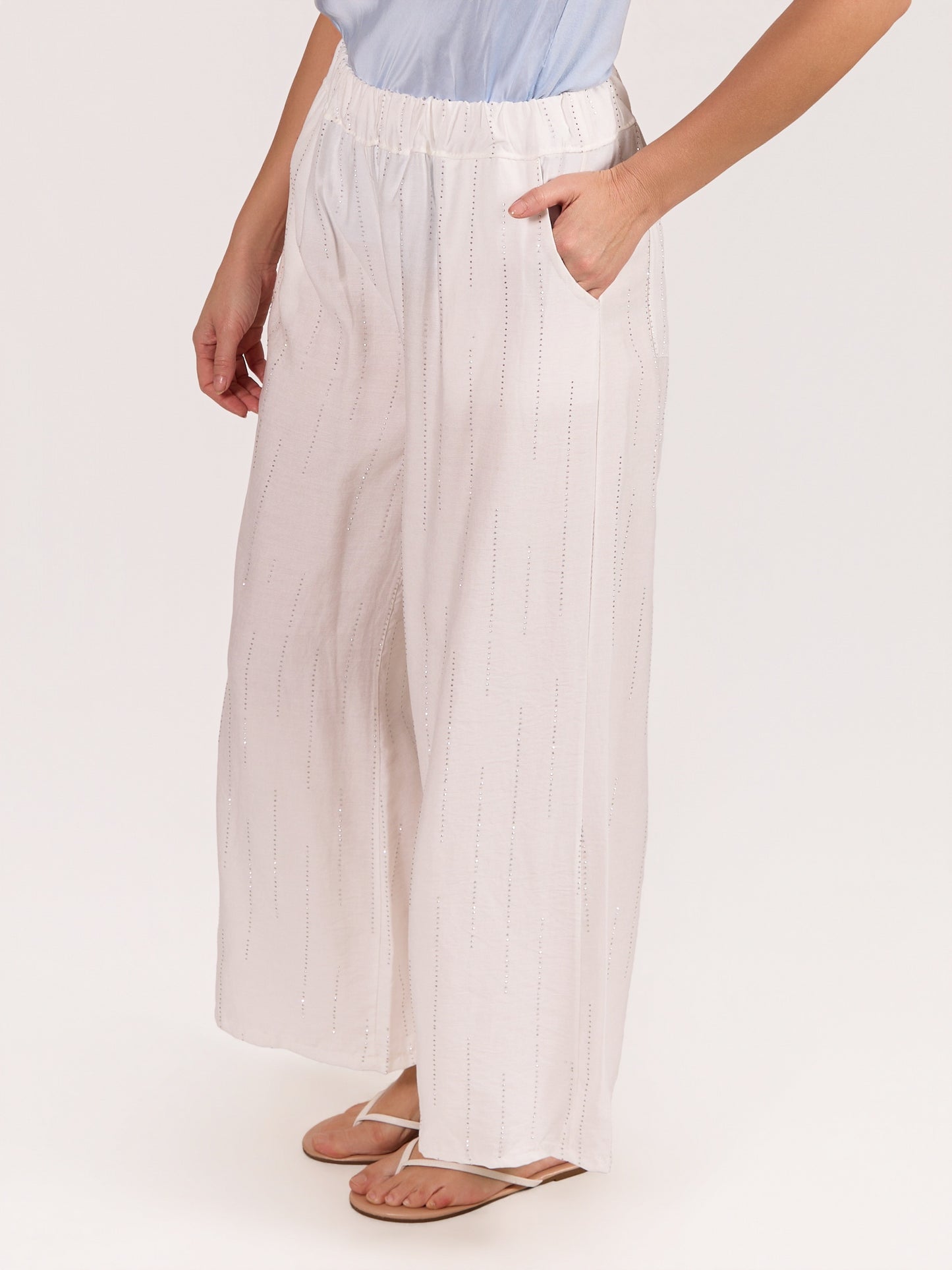 White Pull On Studed Wide leg Pant