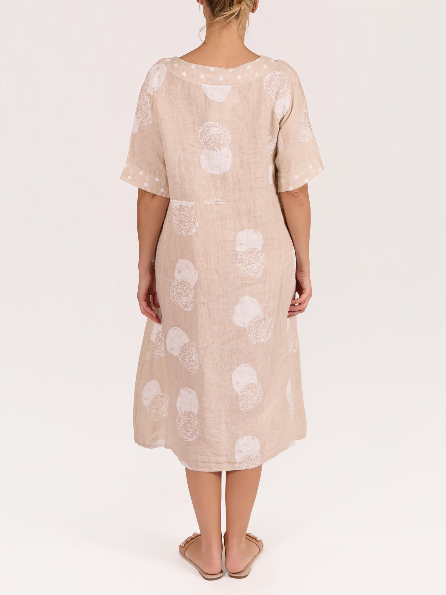 Beige V Neck Pleat Front Short Sleeve Cirlcle Dot Print Dress