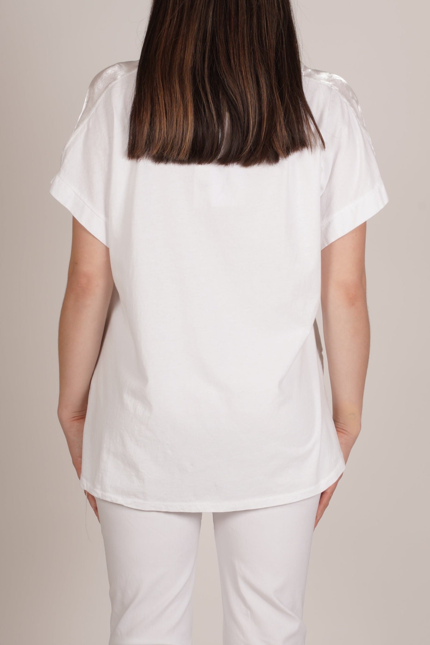 White Drop Shoulder Combo Knit Shimmer Top