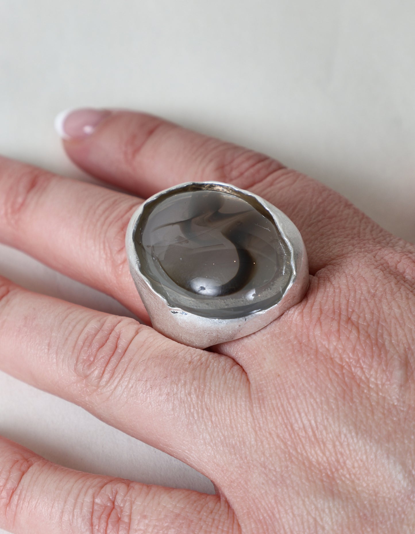 Bold Statement Ring with Swirled Stone in Grey & Silver
