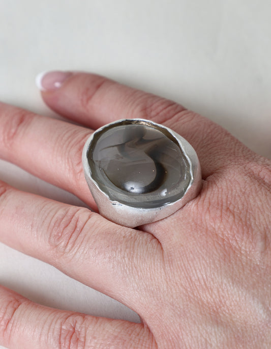 Bold Statement Ring with Swirled Stone in Grey & Silver