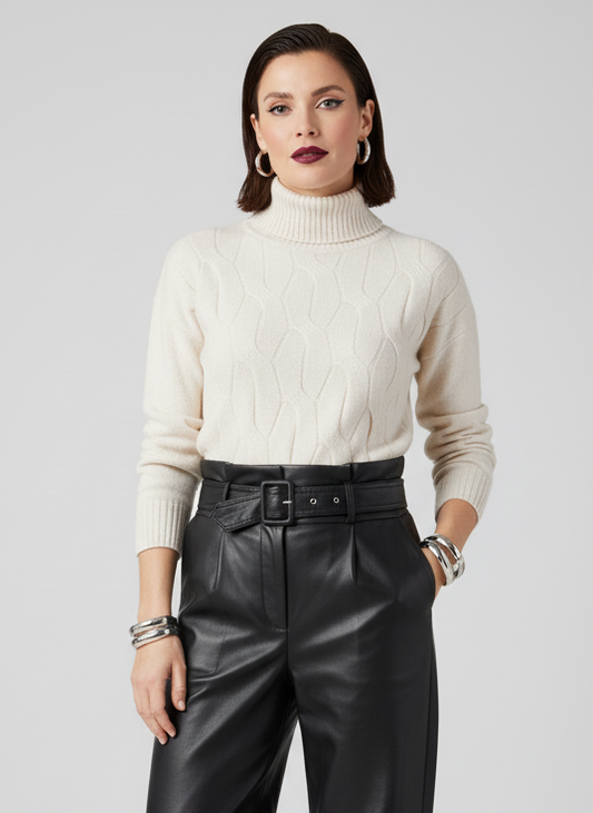 Beige Cowl Neck Long Sleeve Cable Knit Rib Trim Pullover
