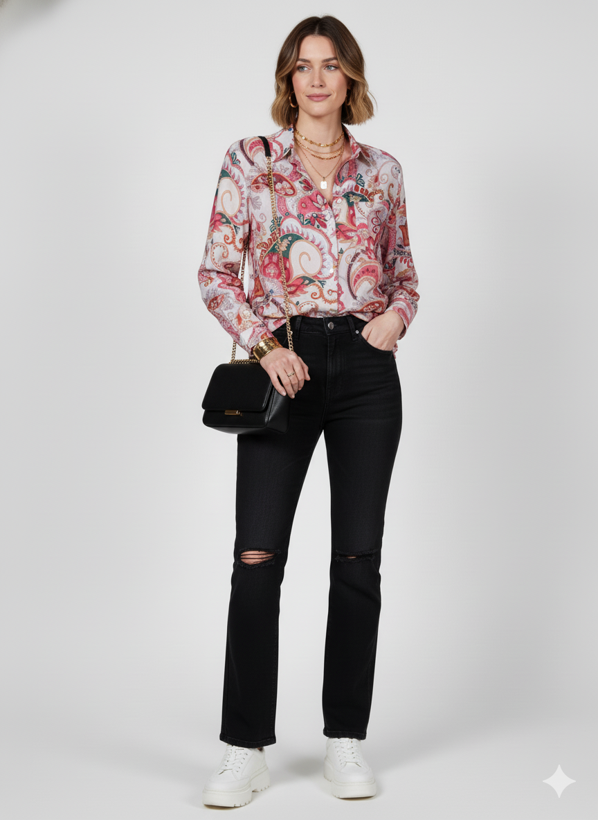 Watermelon Roll Up Sleeve Button Front Paisley Blouse