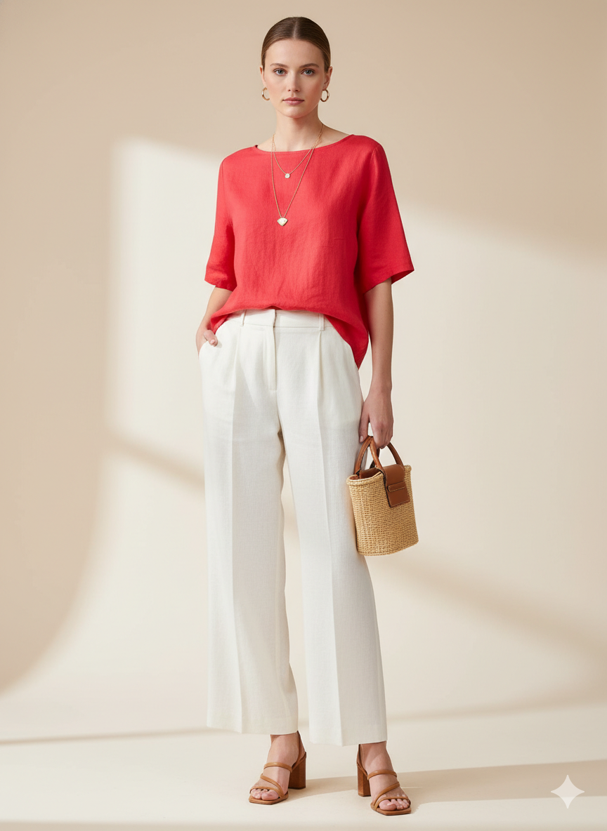 Blouse t-shirt rouge à manches courtes retroussées et boutons au dos