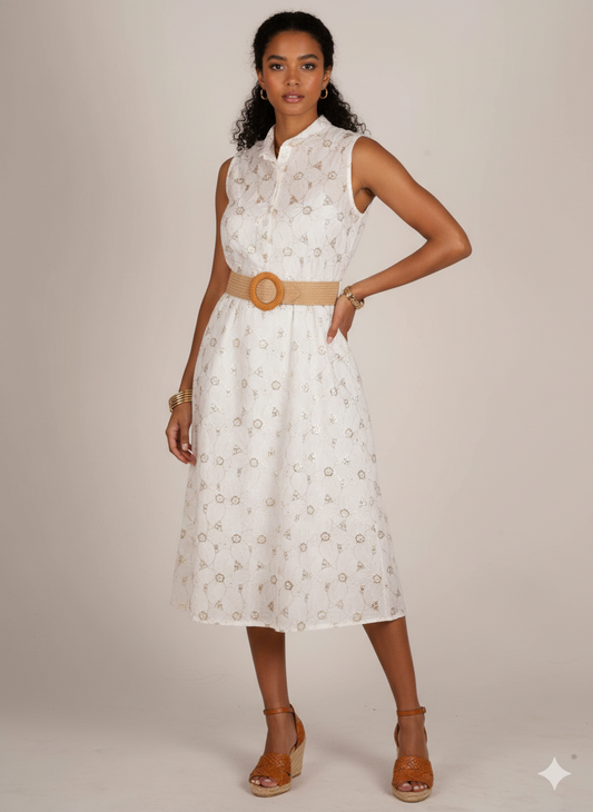 White Dress with All-Over Gold Embroidered Design