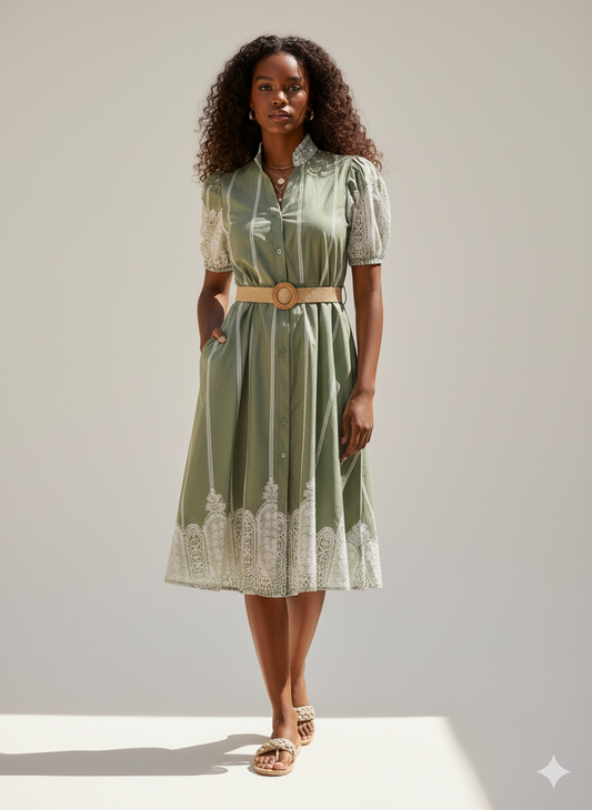 Palm Button-Down Midi Shirt Dress with Woven Belt