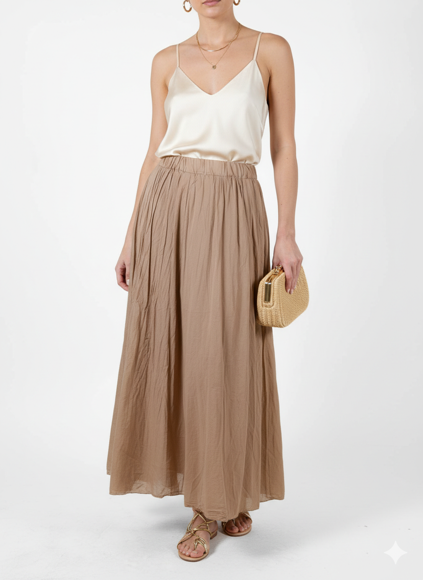 Taupe Long Flowing Beach Skirt with Elastic Waistband