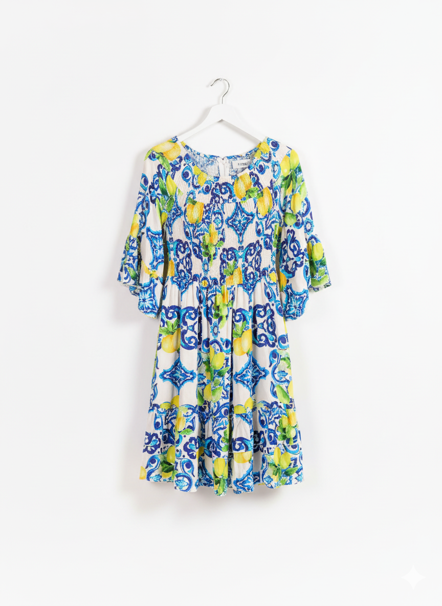 Peacock Elbow Ruffle Sleeve Rushed Lemon Amalfi Dress