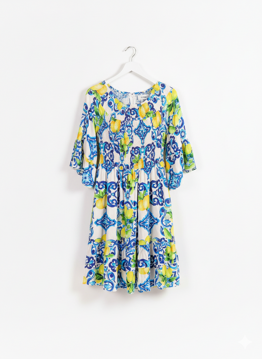 Peacock Elbow Ruffle Sleeve Rushed Lemon Amalfi Dress