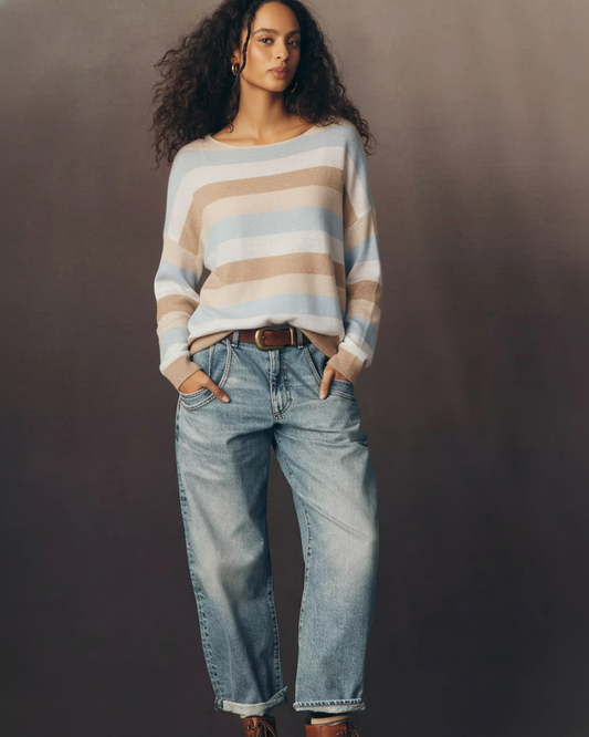 Sky Blue Striped Knit High Neck Long Sleeve