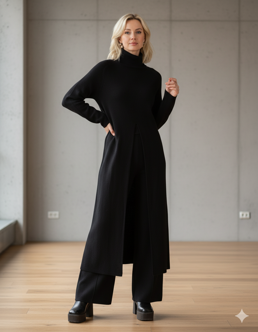Black Maxi Turtleneck Front Opening Tunic Sweater