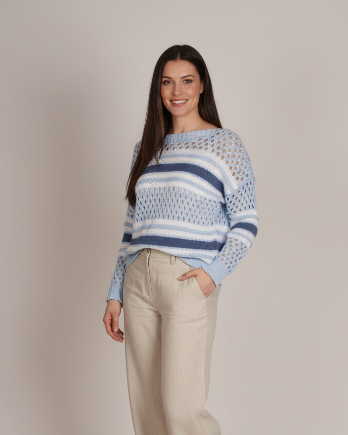 Sky Blue Loose Knit Striped Long Sleeve Top