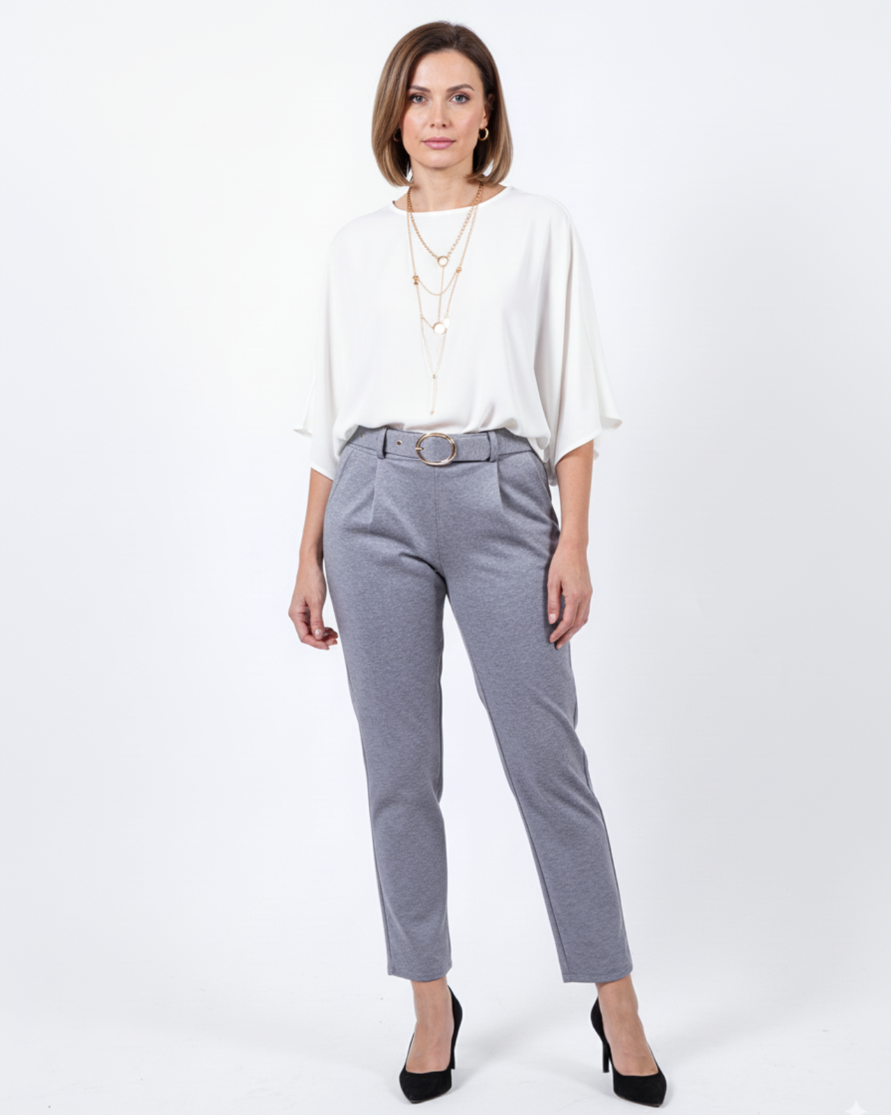Grey Belted Back Pull on Felt Pant