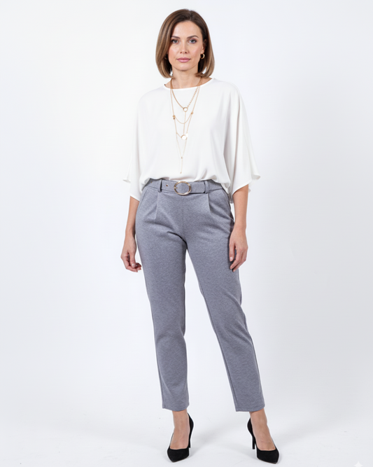 Grey Belted Back Pull on Felt Pant