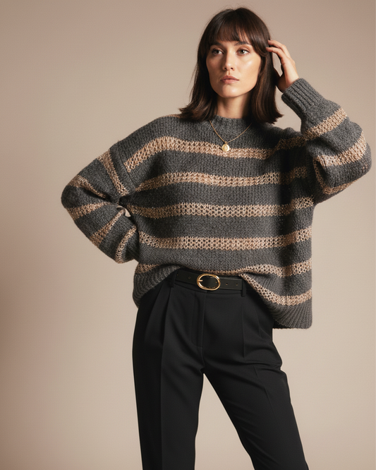 Pewter Drop Shoulder Lurex Crochet Stripe Sweater