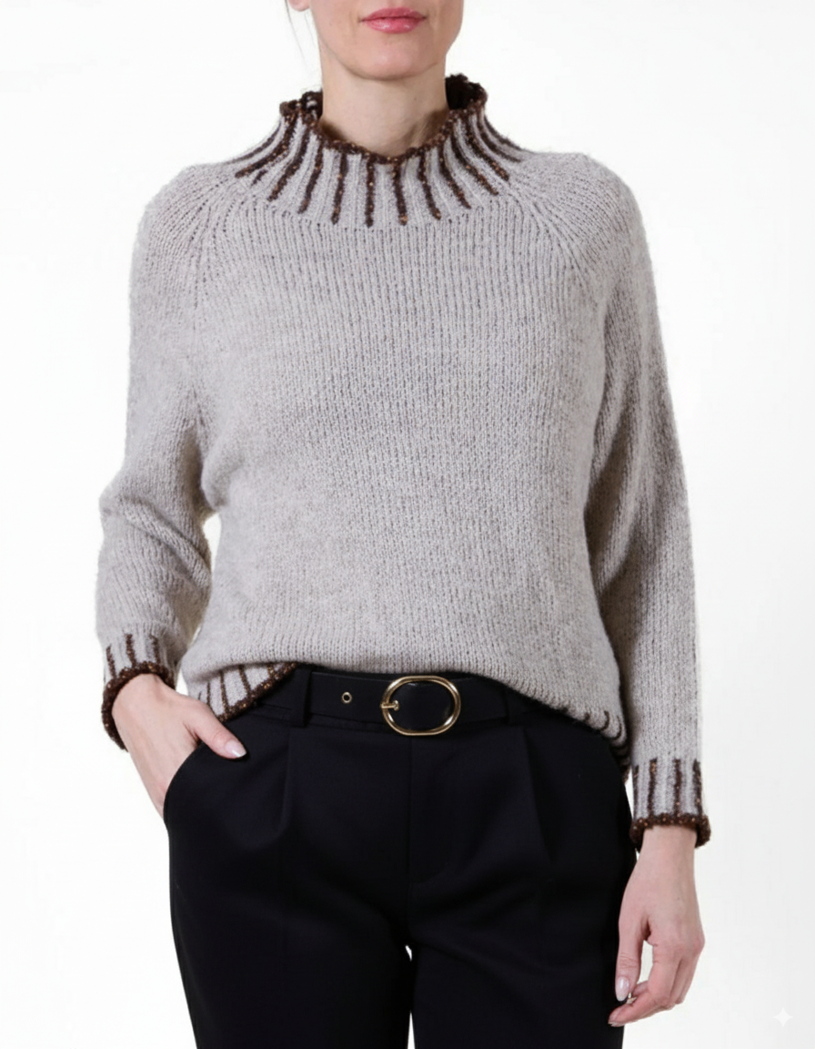 Beige and Maroon Mock Neck Novelty Outside Stitch Hi Low Sweater