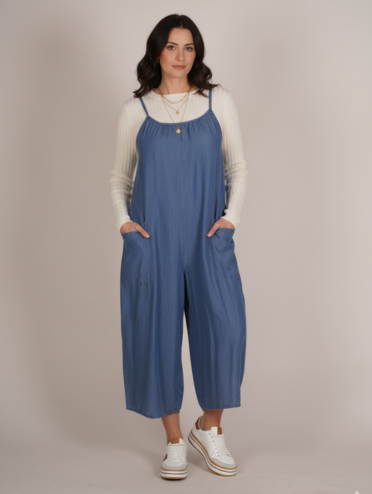 Dark Denim Sleeveless Wide-Leg Jumpsuit with Pockets