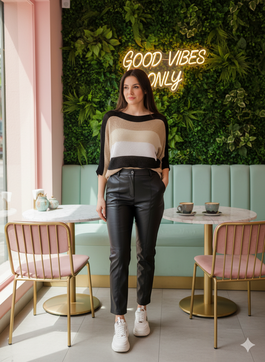 Black Loose Knit Pullover Sweater with Stripes