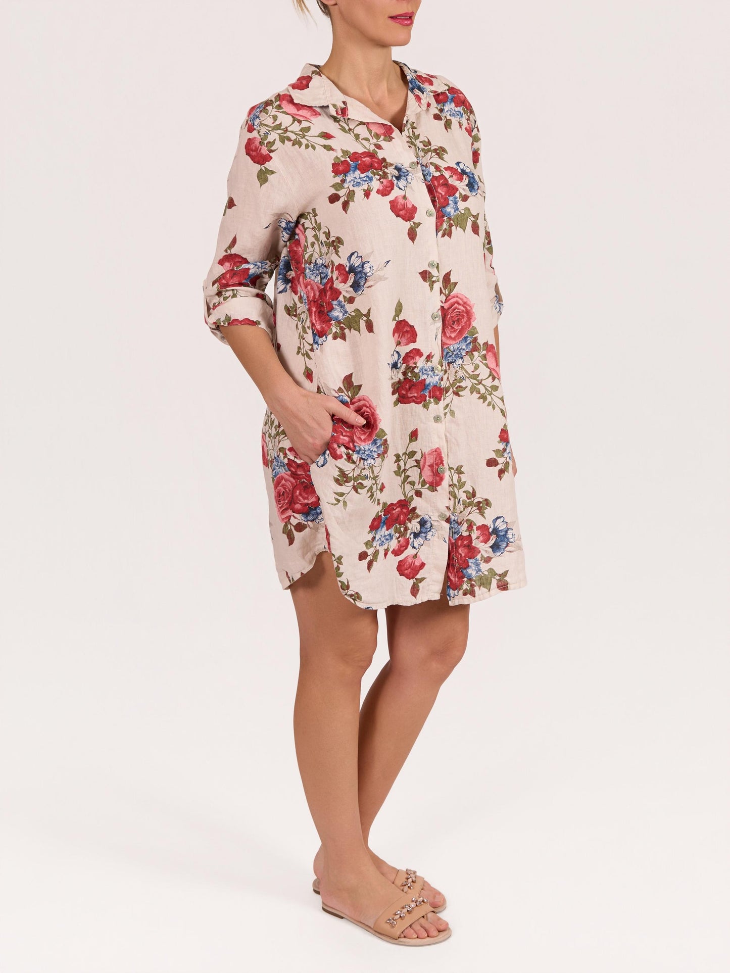 Beige Button Front Roll Up Sleeve Floral Print Shirt Dress