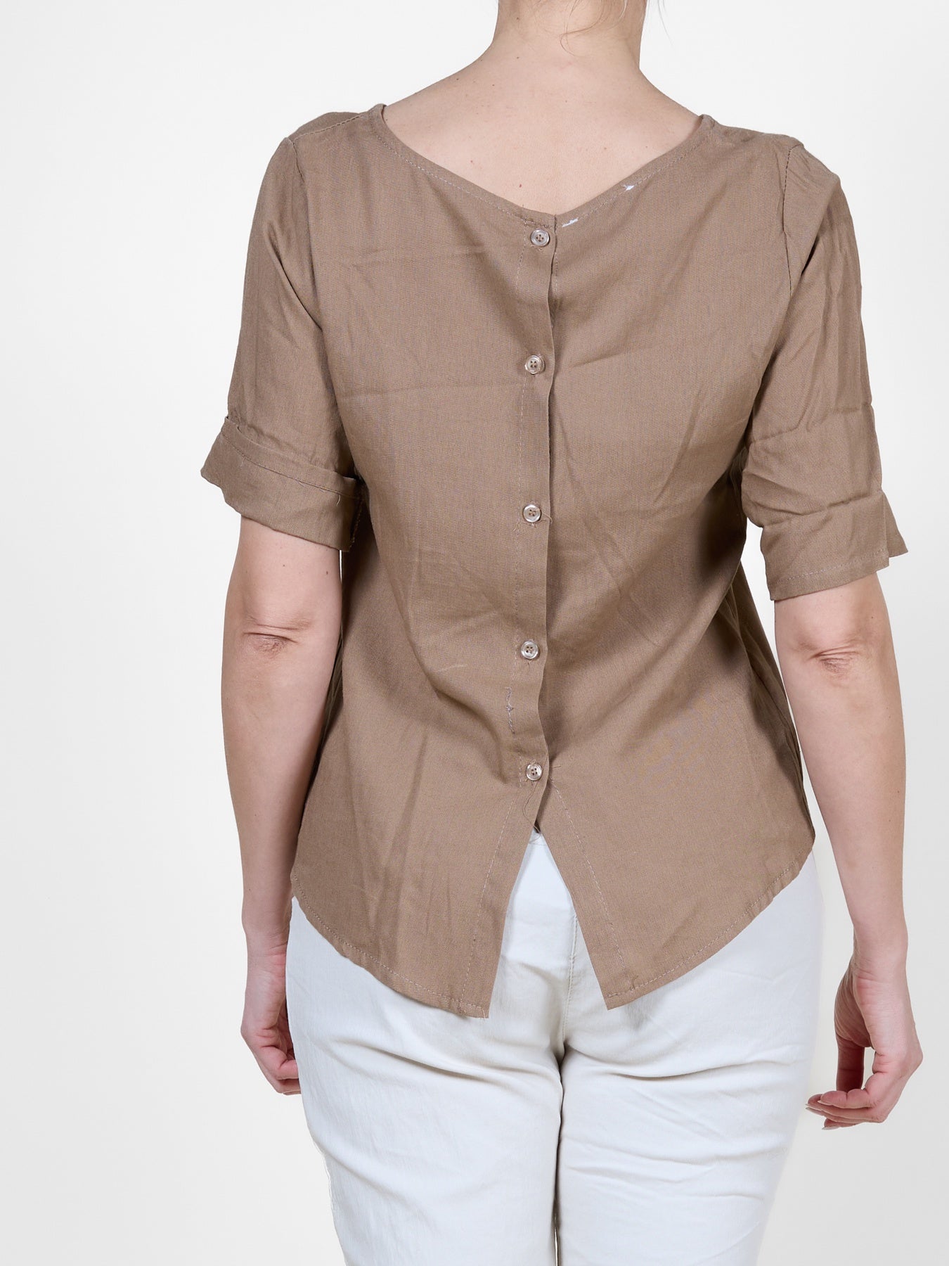 Tan Cuffed Short-Sleeve Button-Back T-Shirt Blouse