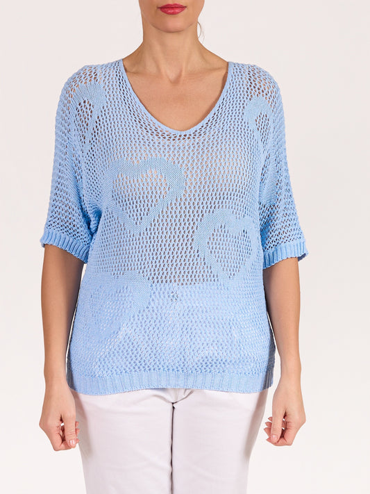 Blue V Neck Crochet Heart Pullover