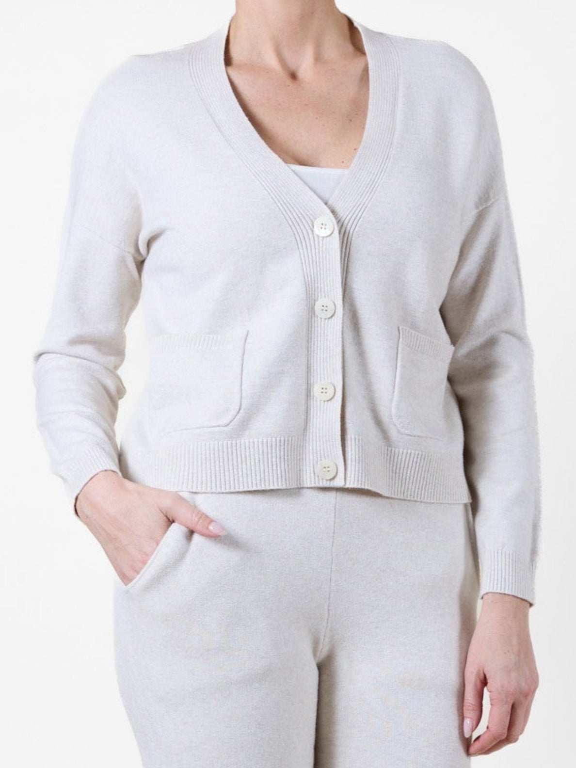 Beige Band Collar Drop Shoulder 4 Button 2 Mini Pocket Cardigan