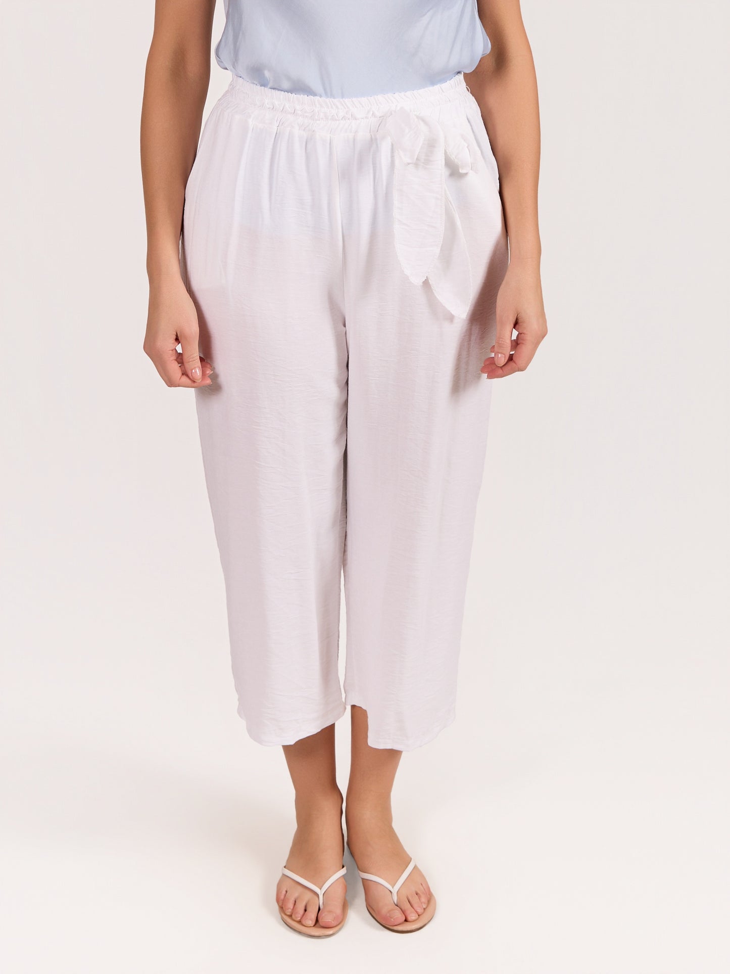 White Pull On Tie Trim Front Pant