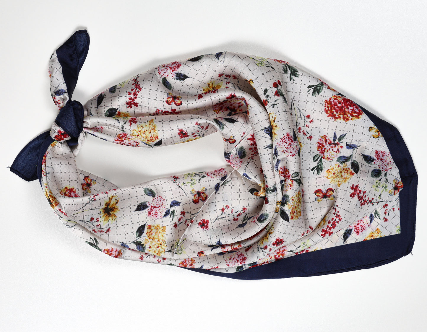 Decorative Silk Scarf with Floral & Geometric Print in Navy